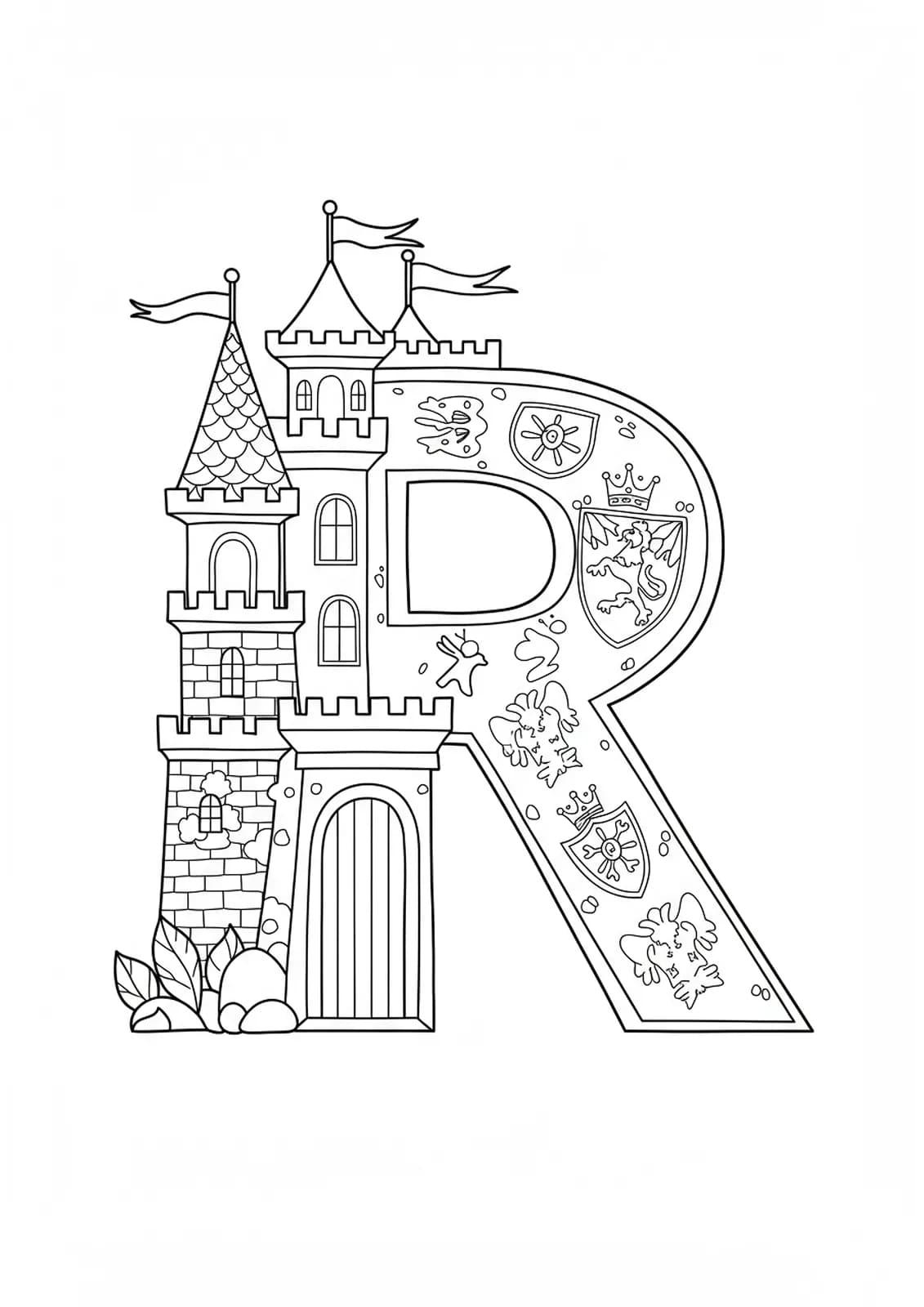 Detailed coloring page of the letter R with a royal castle and flags for preschoolers