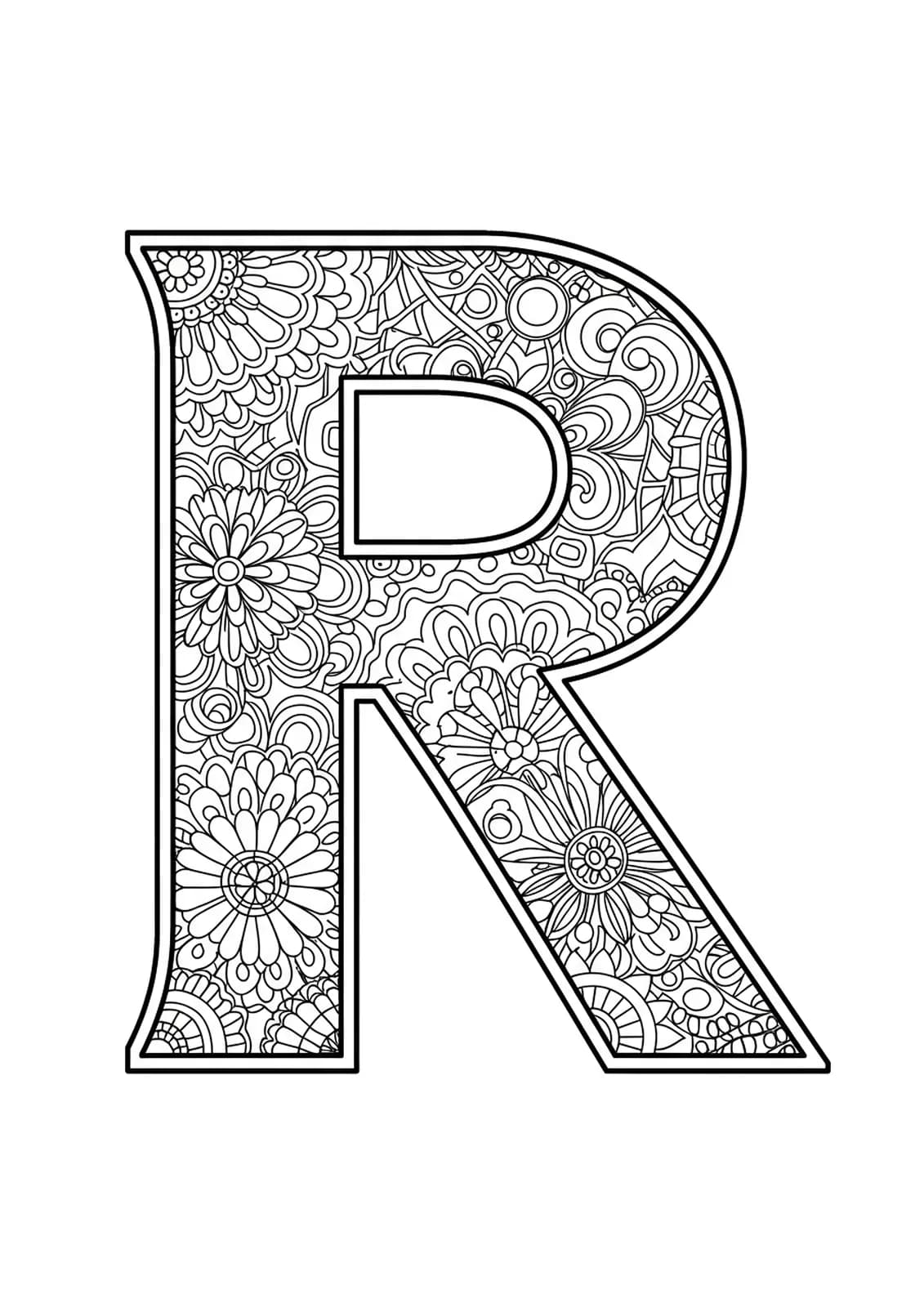 Letter R shaped by intricate stained glass mosaic patterns with fine borders and fragment details for adult coloring.