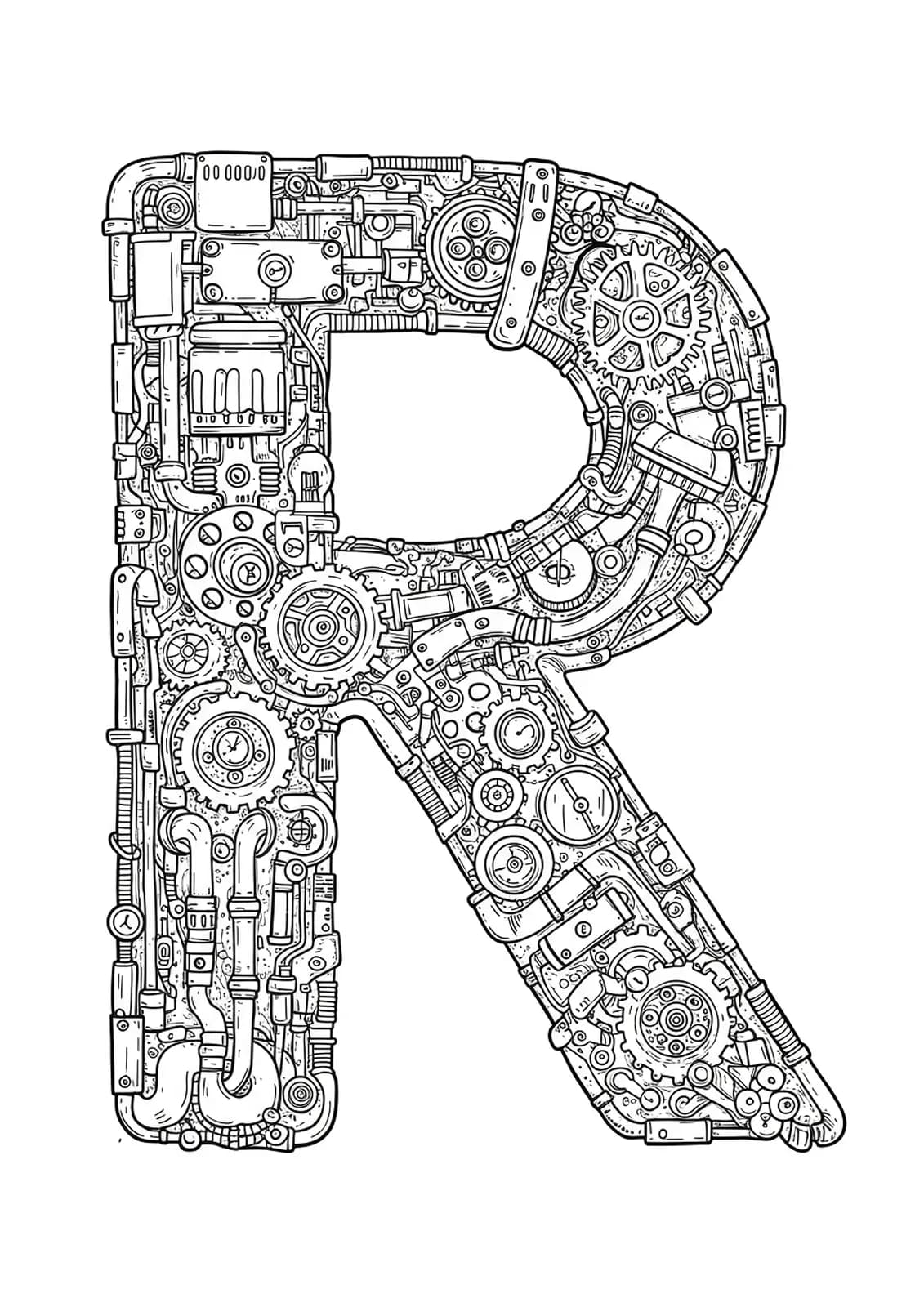 Letter R designed with detailed steampunk gears, pipes, and clockwork elements for advanced adult coloring.