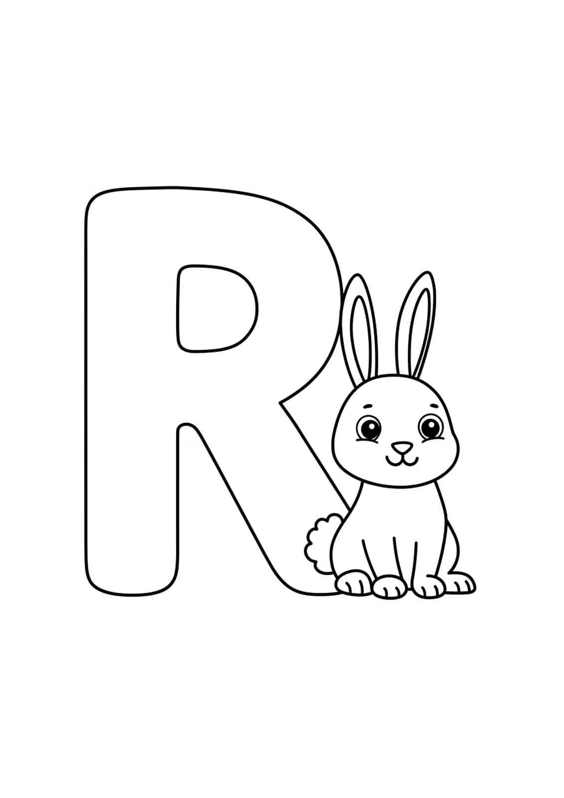Large letter R with a simple cartoon rabbit sitting next to it