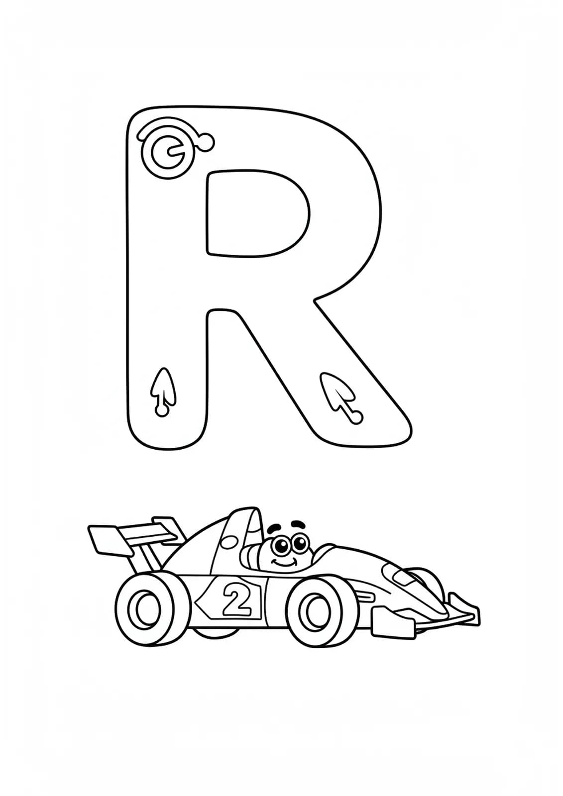 Large letter R with a simple cartoon racecar below it
