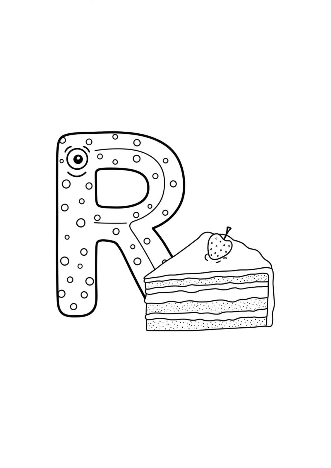 Large letter R with a simple slice of rainbow cake next to it