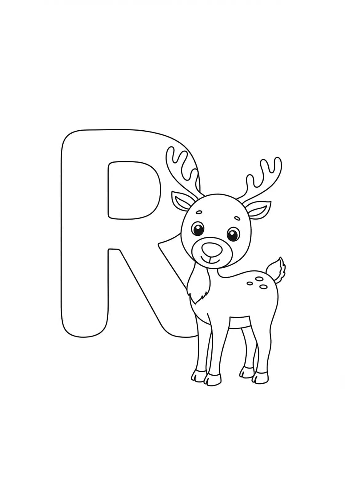 Large letter R with a simple cartoon reindeer standing beside