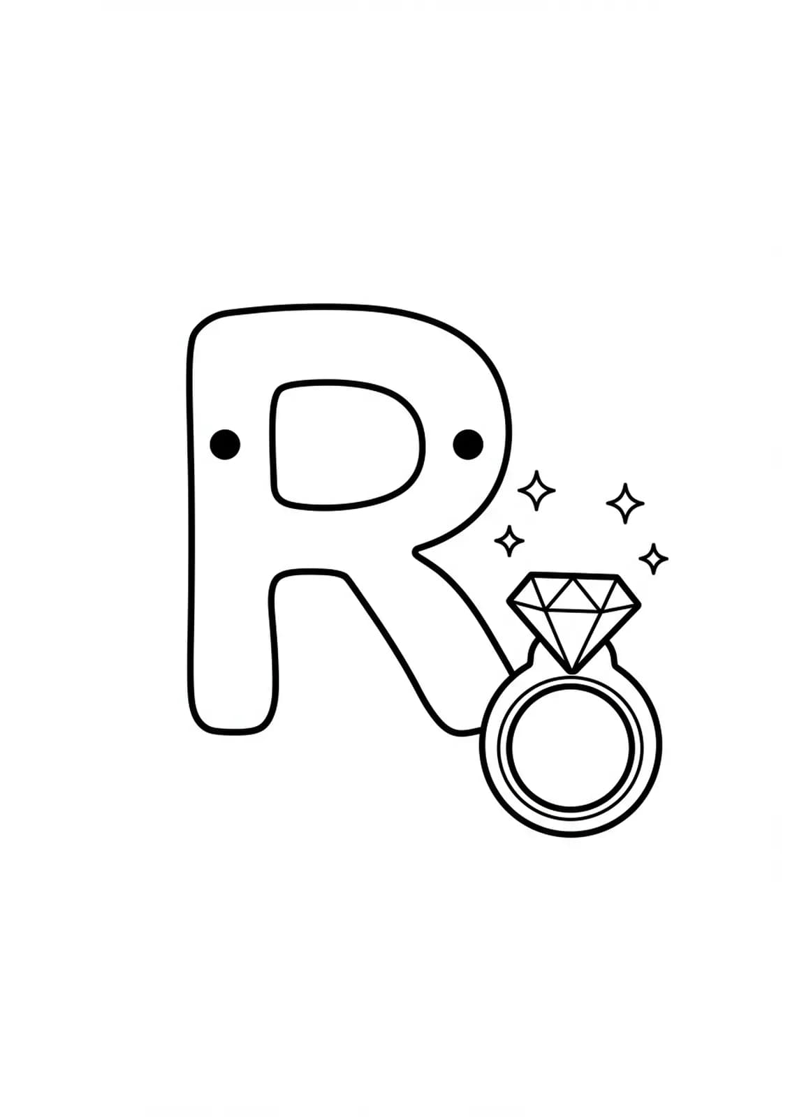 Large letter R with a simple ring featuring a large gem next to it