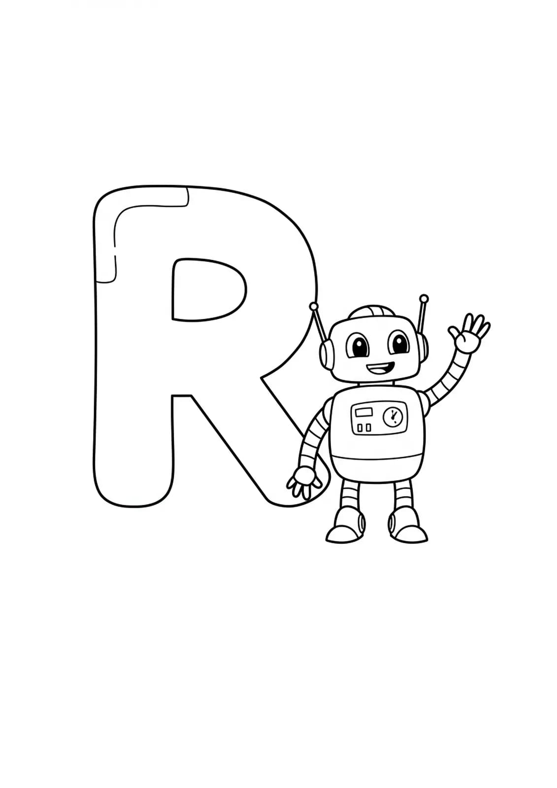 Large letter R with a smiling cartoon robot waving
