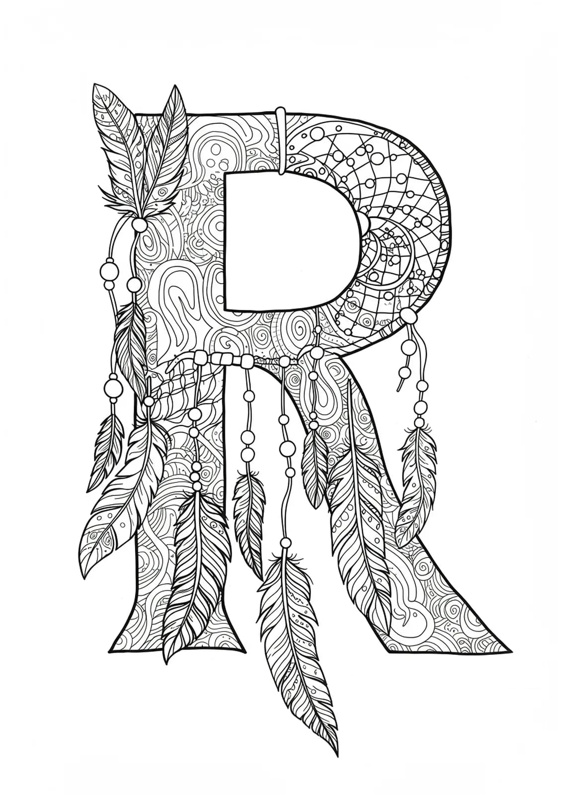 Letter R interwoven with dreamcatchers, feathers, and beadwork in medium intricacy