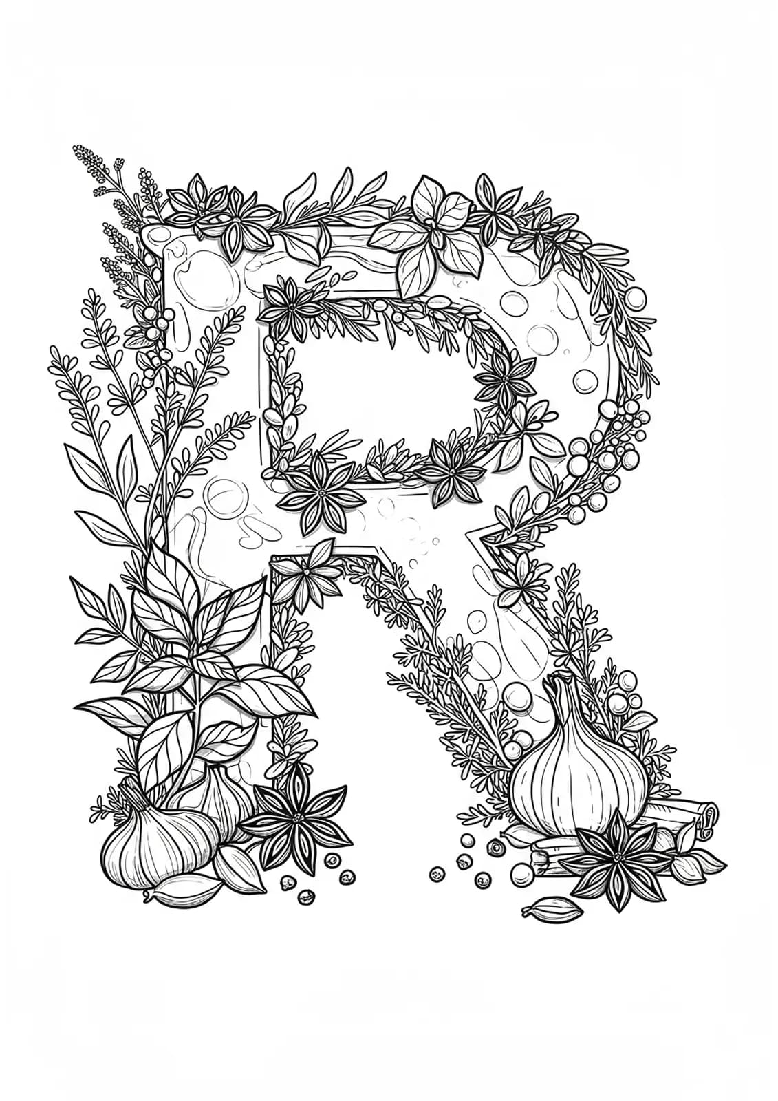 Letter R surrounded by medium-detailed illustrations of herbs, spices, and leafy sprigs