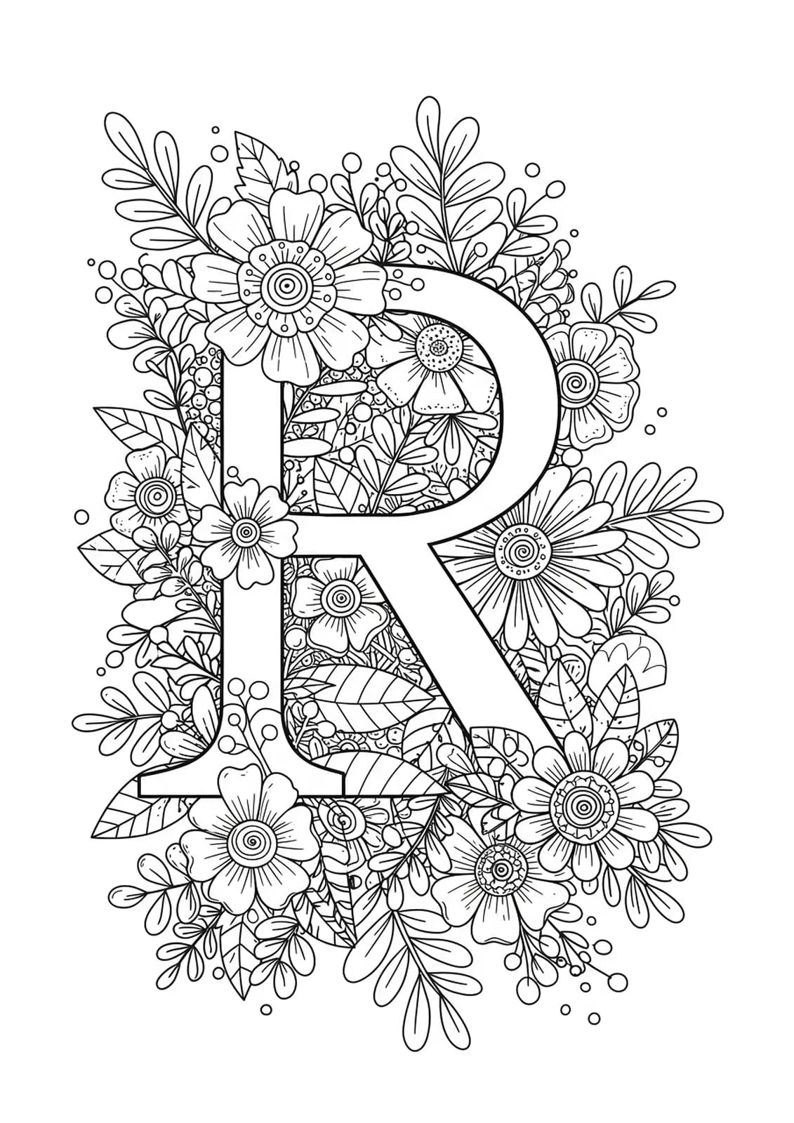 Letter R with a botanical mandala, easy outlines for teen coloring