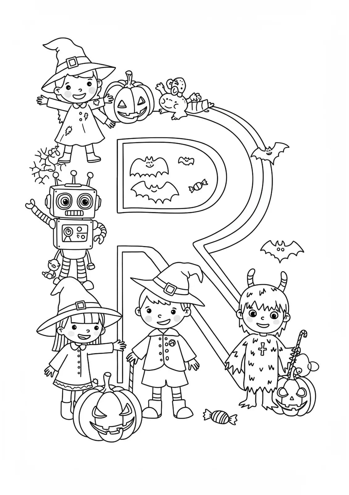 Line art coloring page of the letter R with kids in Halloween costumes, pumpkins, and candy