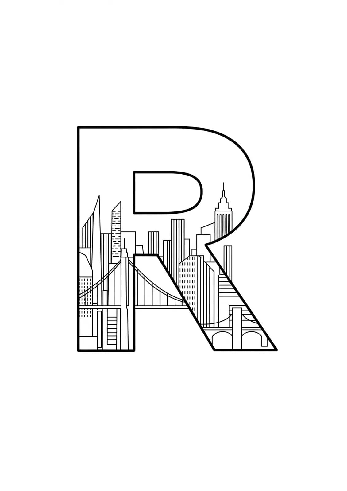 Letter R with minimalist city skyline outline, easy coloring for teens