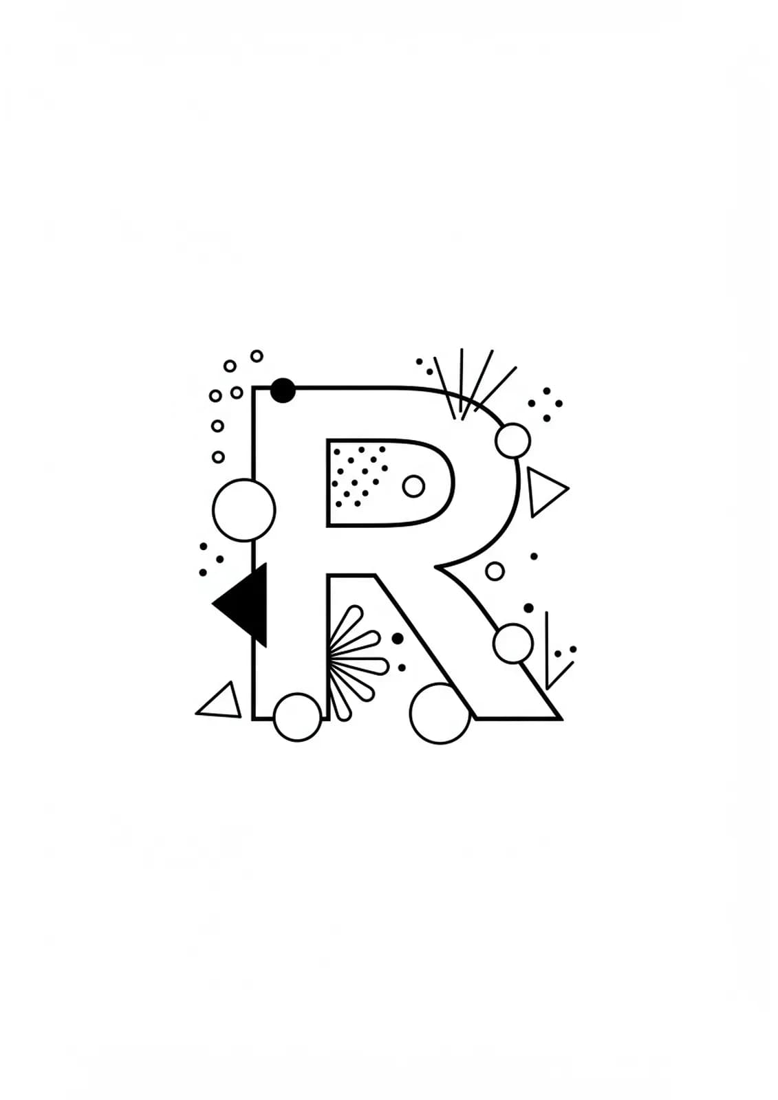Letter R with modern geometric shapes, easy outlines for teen coloring