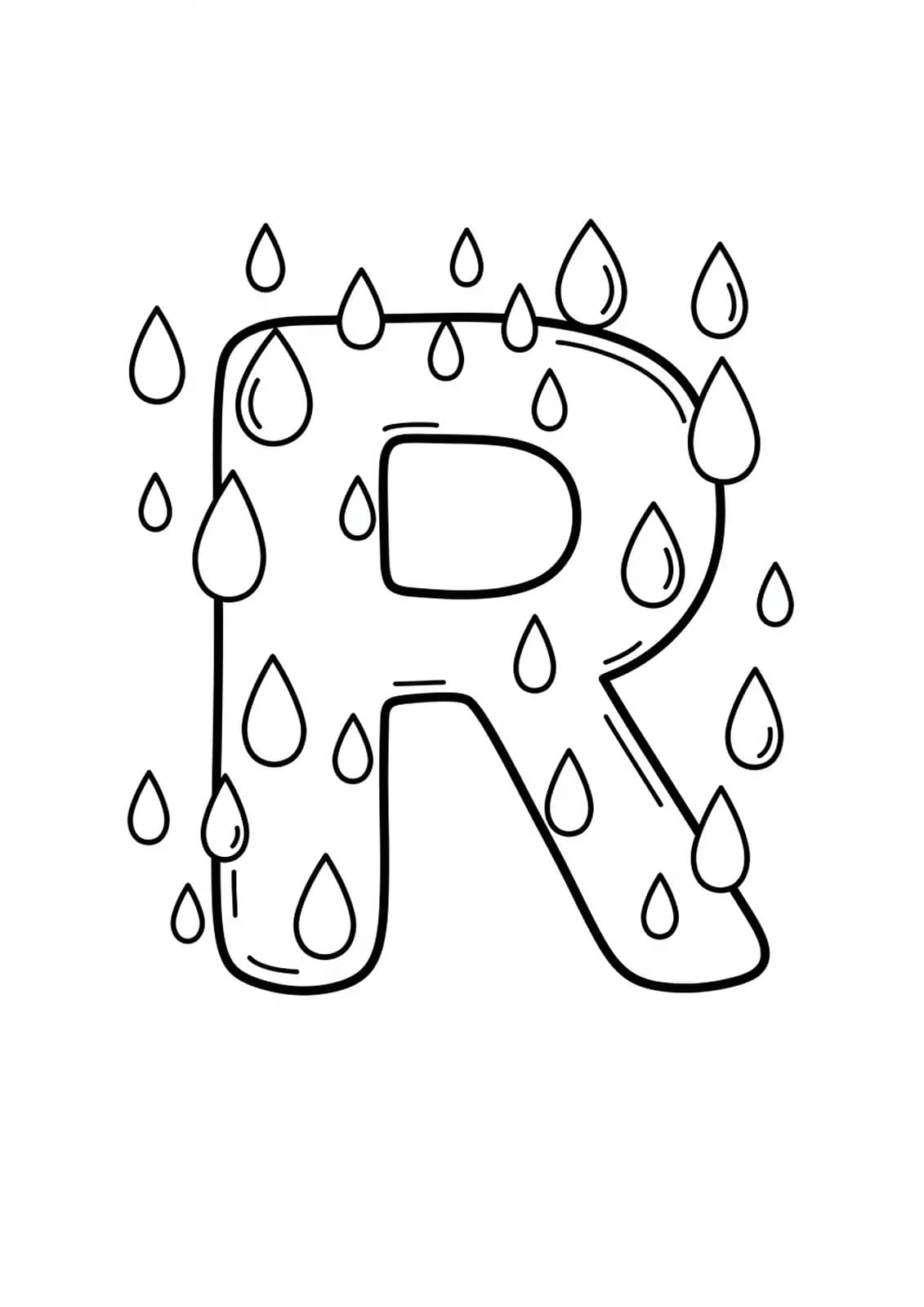 Large letter R with several raindrops falling around it