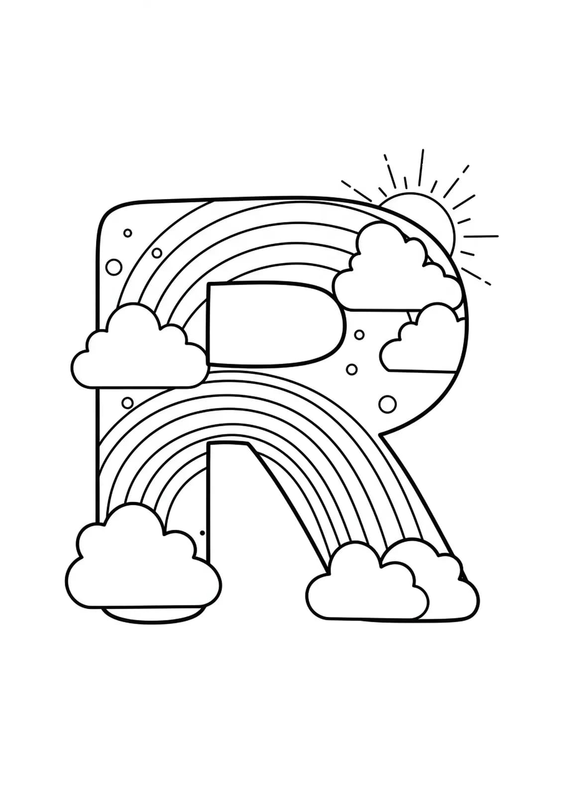 Line art coloring page of the letter R with a rainbow, clouds, and sun