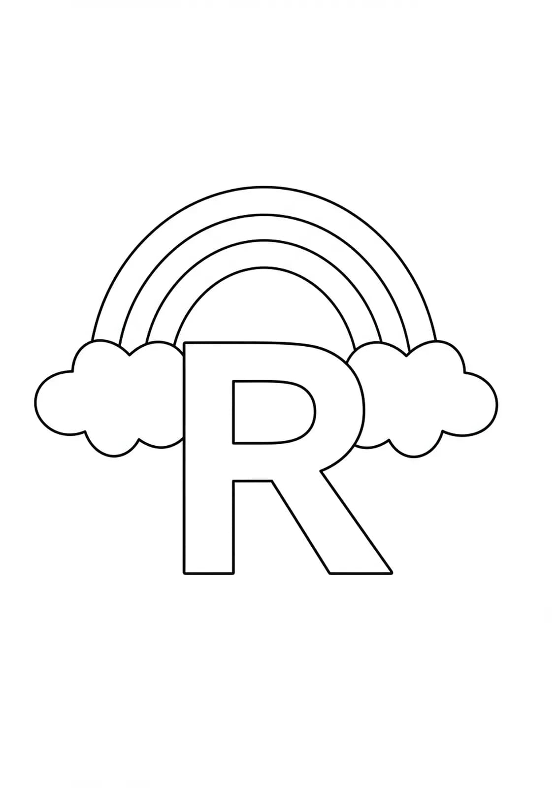 Simple letter R with an arched rainbow above it for coloring