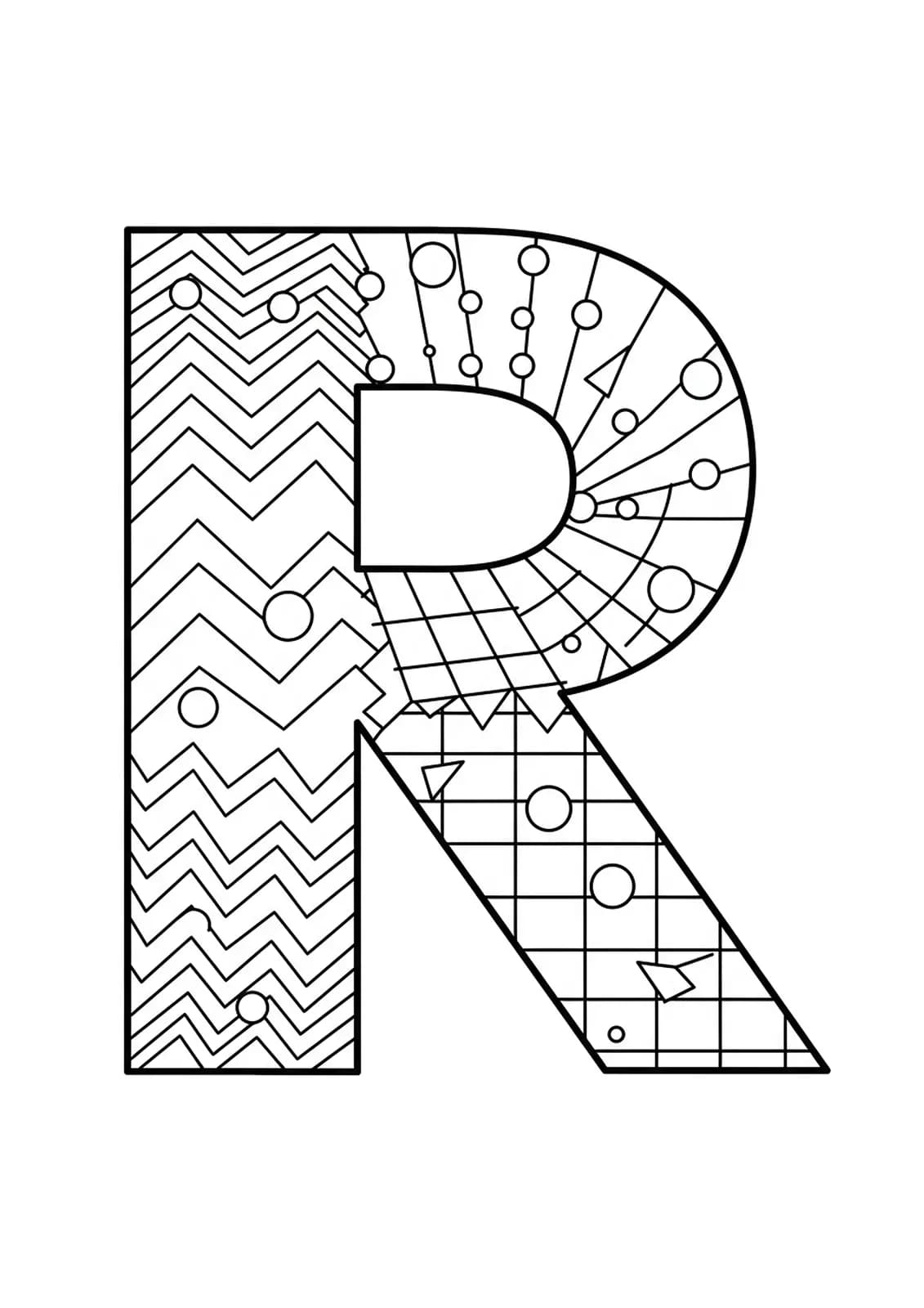 Letter R adorned with 1980s-inspired geometric shapes and medium level patterns