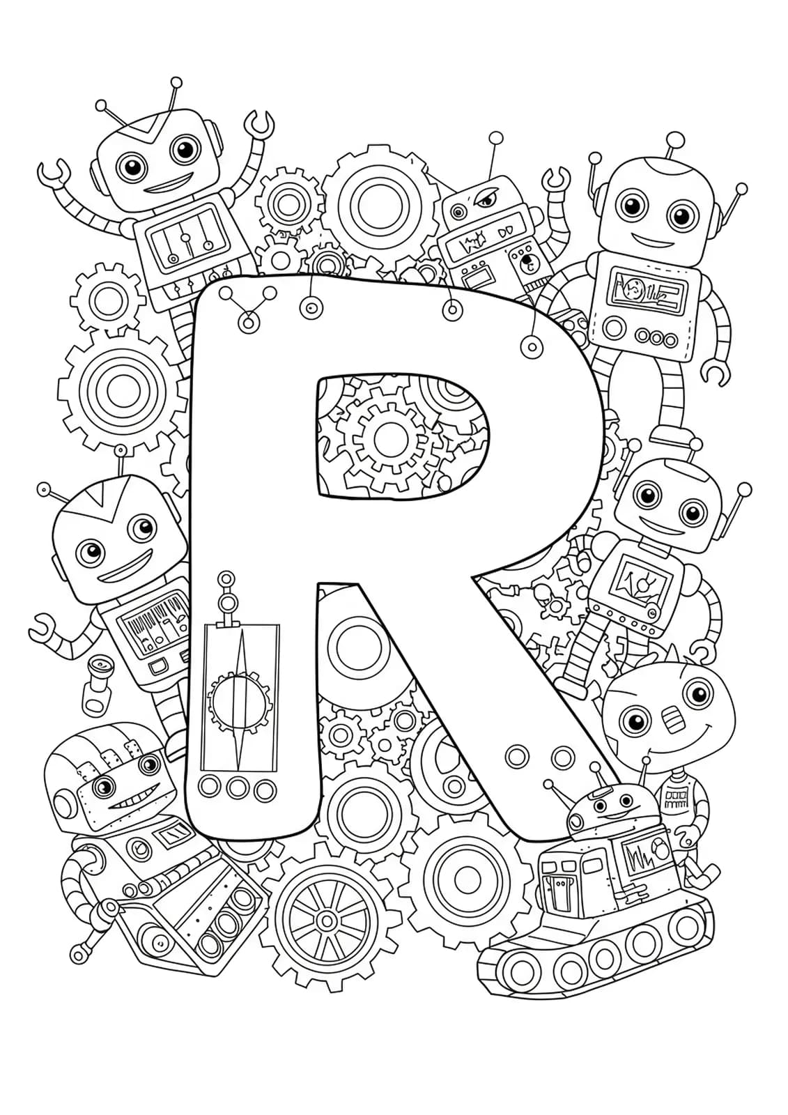 Line art coloring page of the letter R with several cartoon robots and gears around it