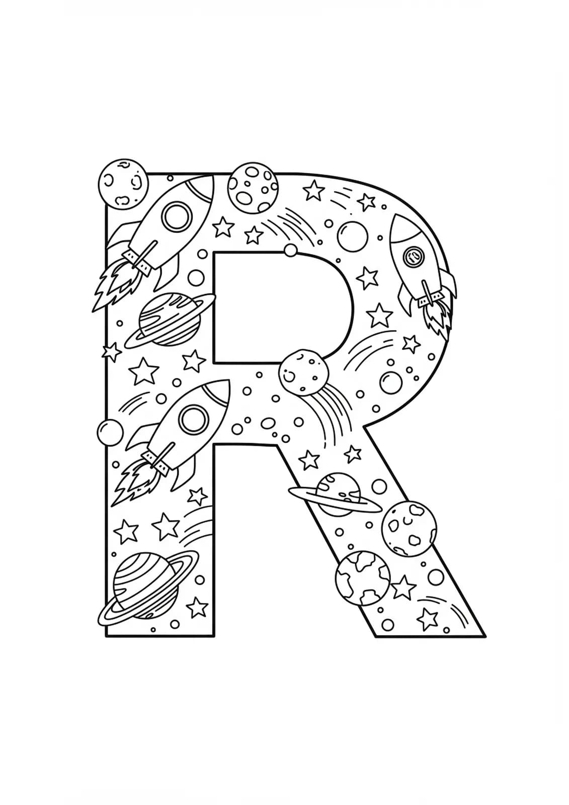 Line art coloring page of the letter R with rockets, stars, and planets in space
