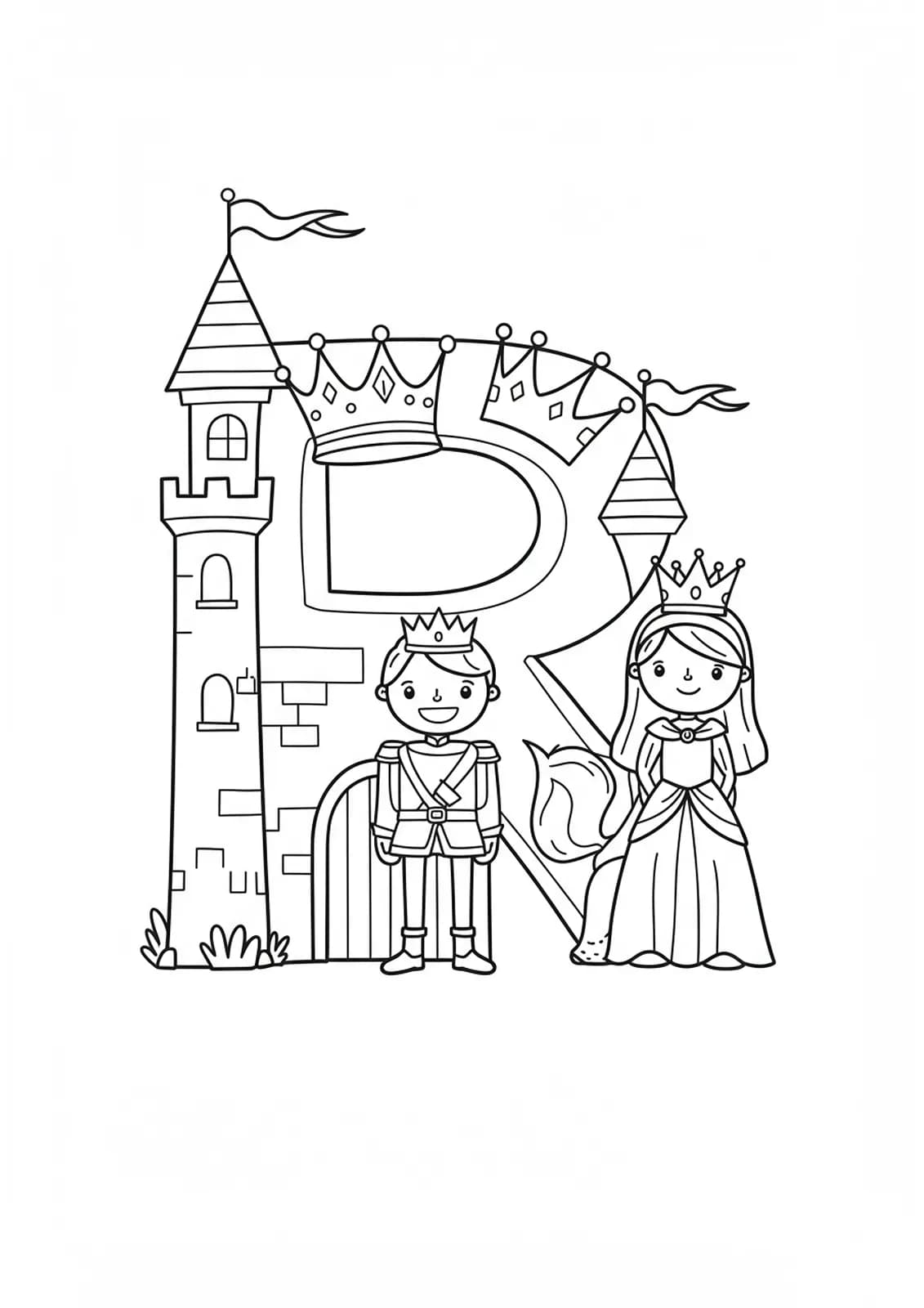 Line art coloring page of the letter R with a castle, crown, prince, and princess