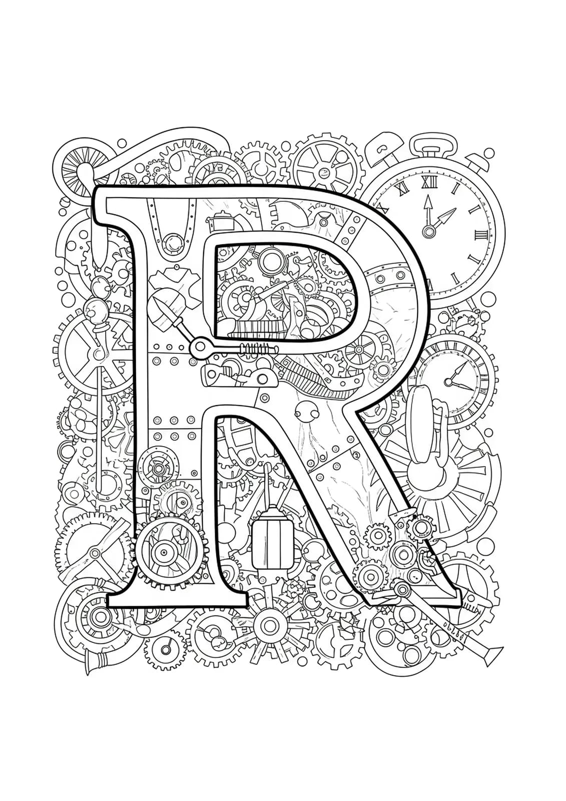 Letter R decorated with steampunk gears, cogs, and clock elements in medium detail