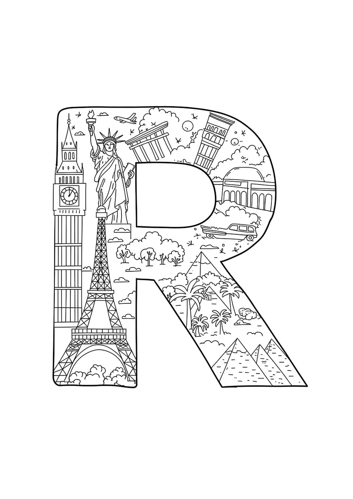 Letter R with travel landmarks such as Eiffel Tower and Statue of Liberty, easy teen coloring page