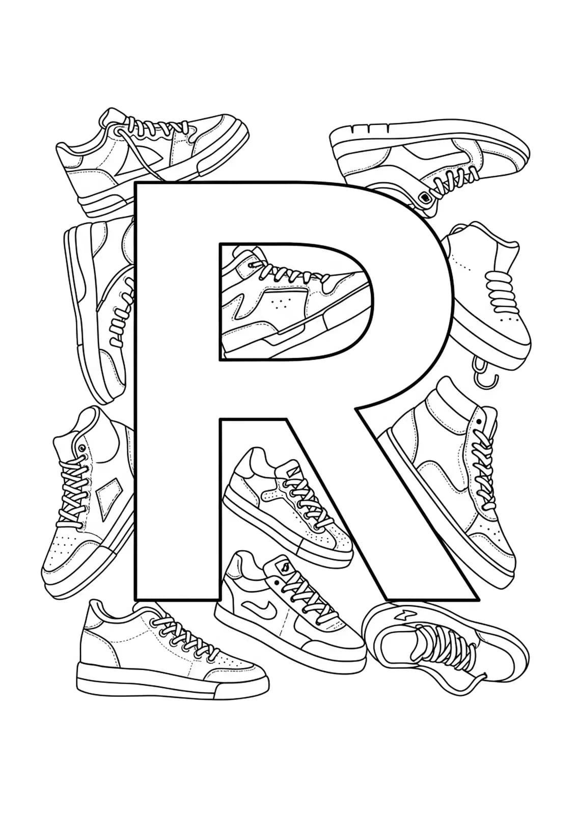 Letter R with trendy sneaker outlines, easy-to-color page for teens