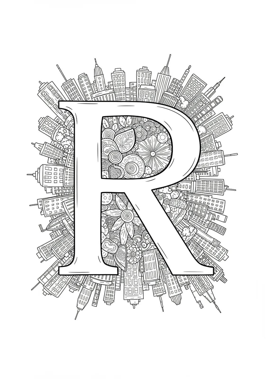 Letter R integrated with city skylines and urban architectural elements in medium detail