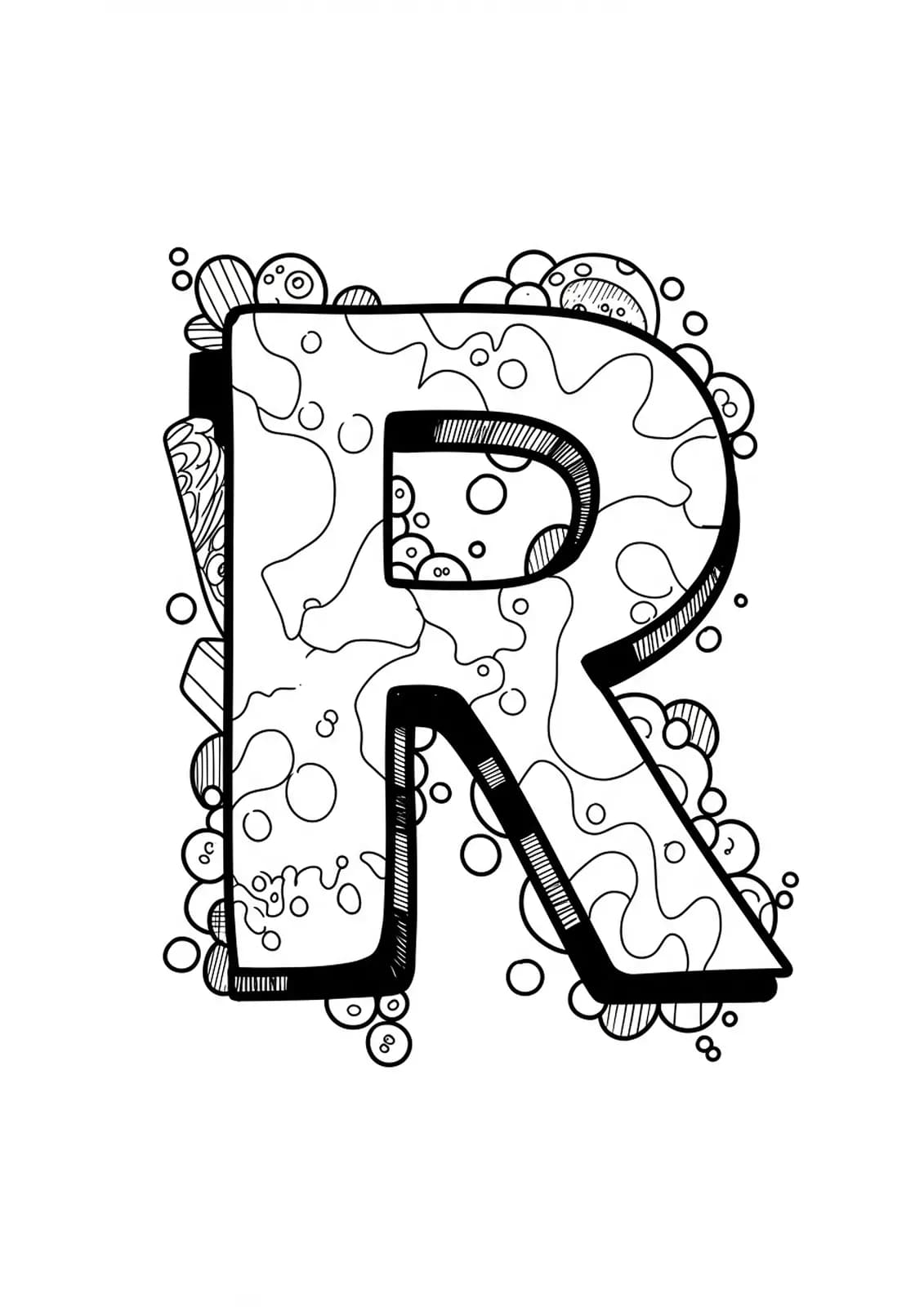 Easy graffiti-style letter R coloring page for teens with bold outlines
