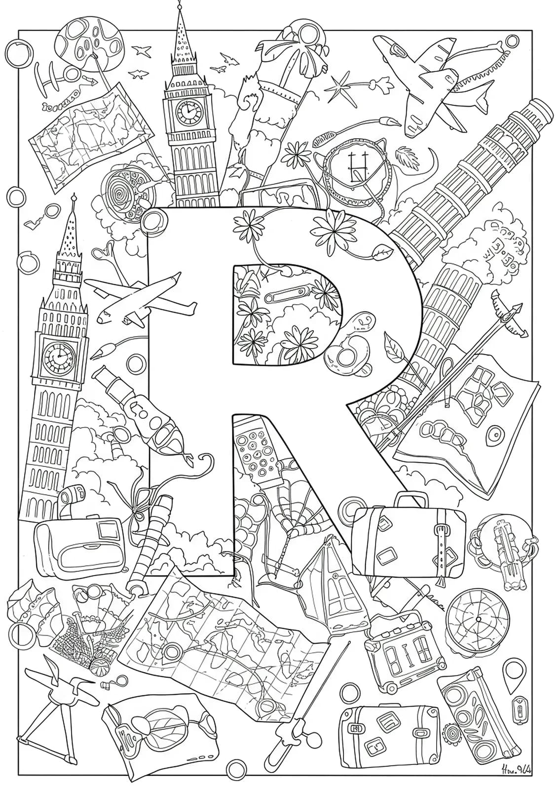 Letter R embellished with medium-detailed travel icons like monuments, maps, and suitcases