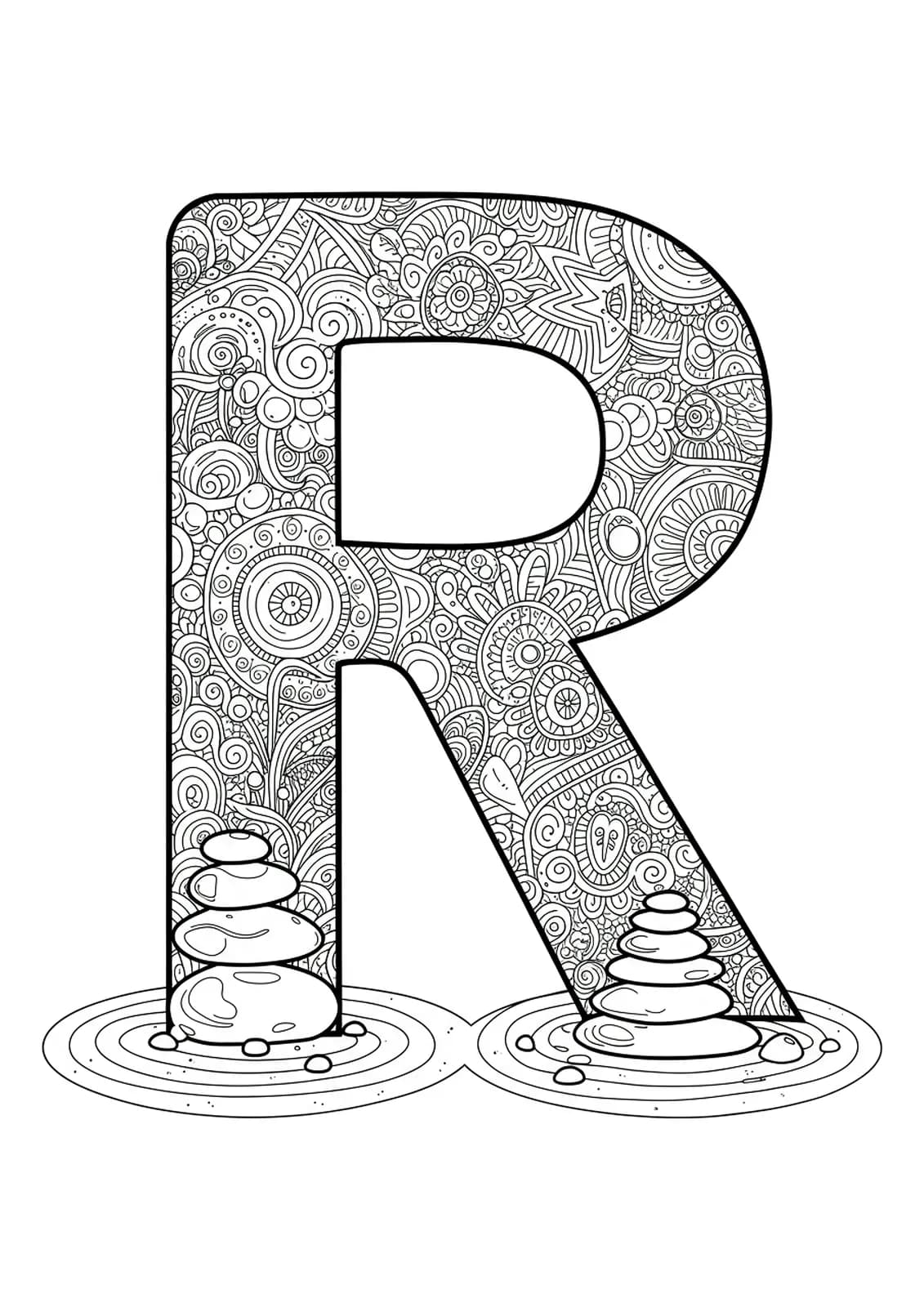 Letter R surrounded by Zen garden stones, raked sand, and calming patterns at medium detail