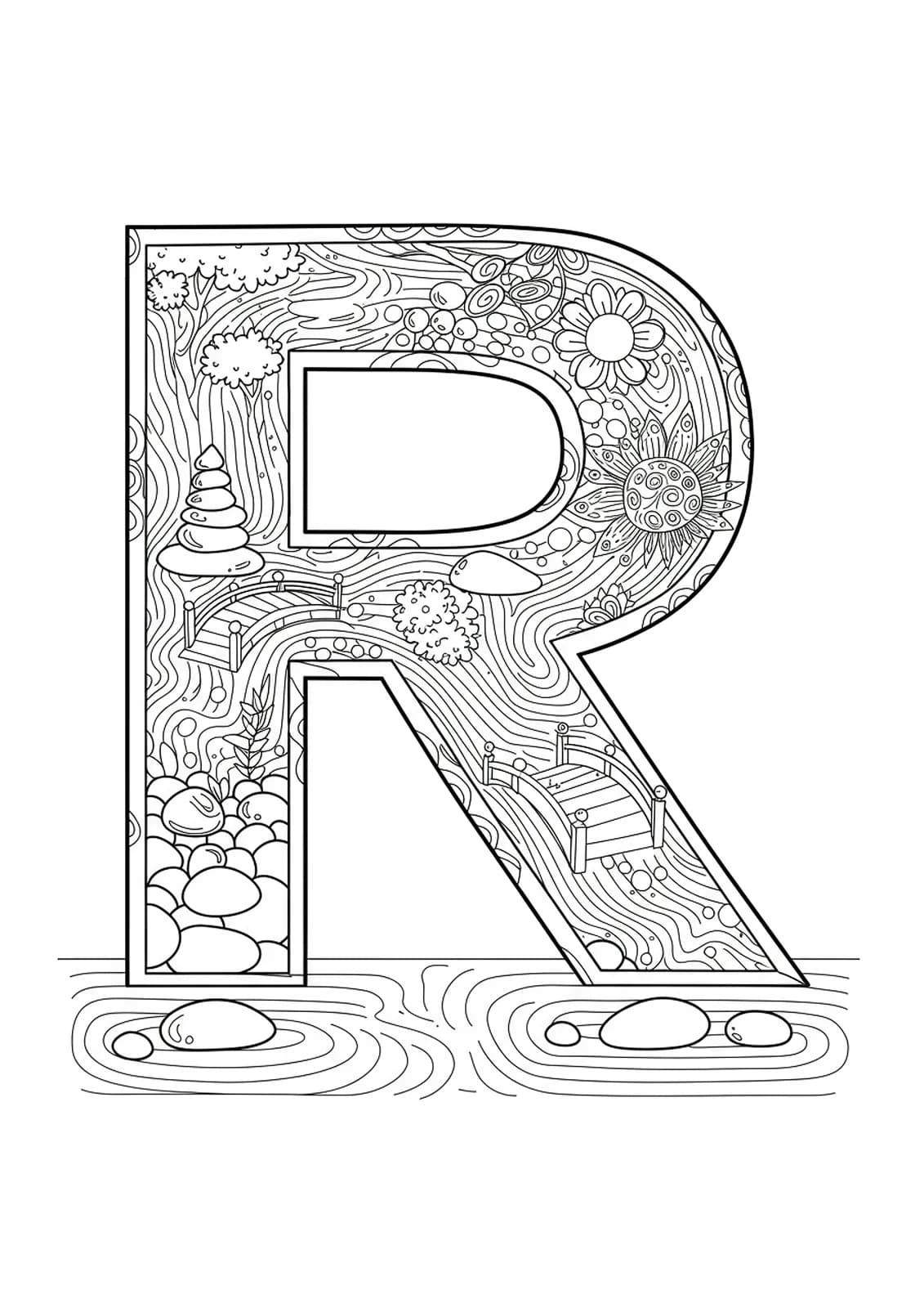 Letter R filled with complex Zen garden sand raked patterns, pebbles, and miniature elements for adult coloring.