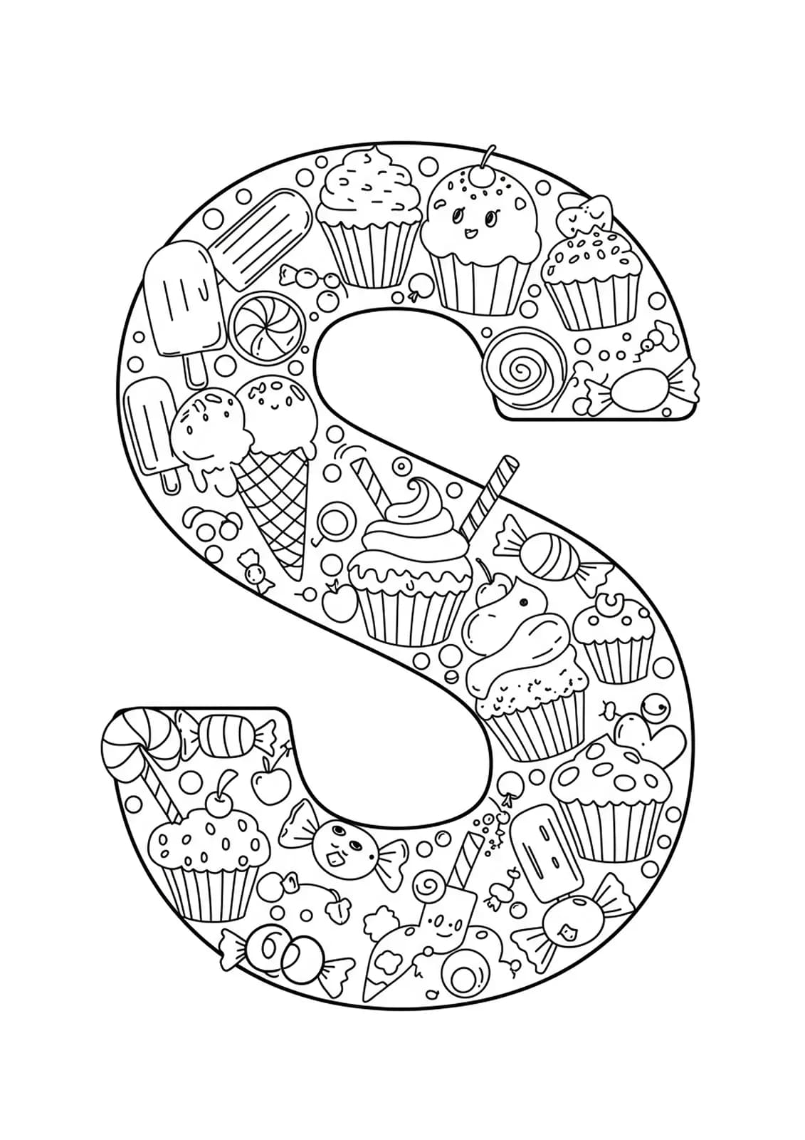 Large letter S surrounded by ice cream, cupcakes, and candy, all outlined for coloring.