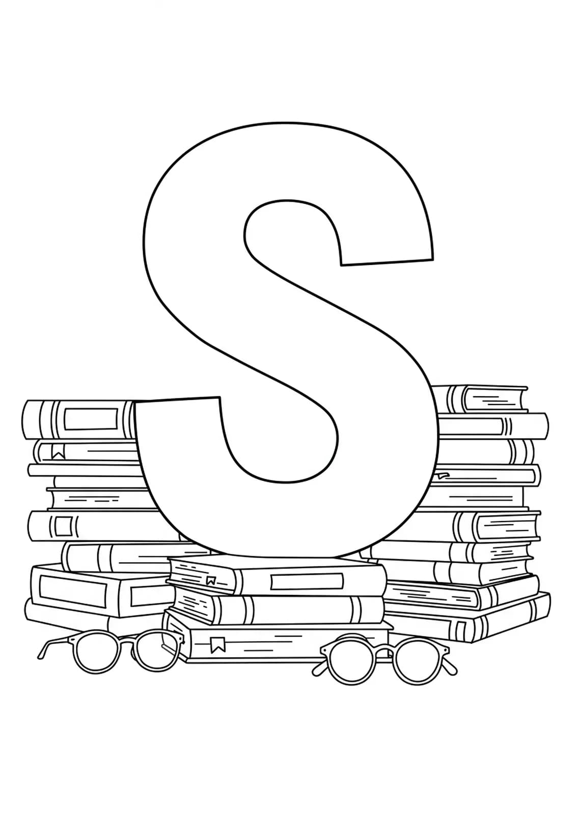 Large letter S with easy book and glasses outlines, adult coloring page for readers.