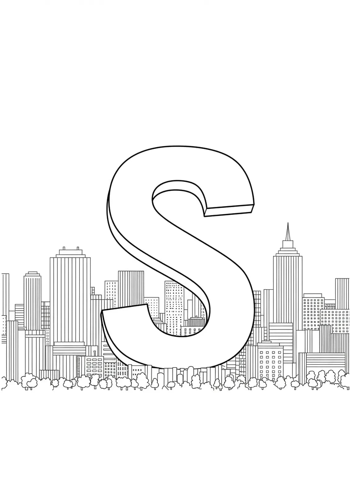 Large letter S placed over a basic city skyline, easy and clean outlines for adults to color.