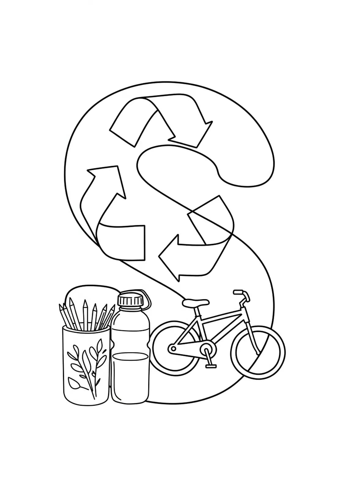 Eco-friendly Letter S coloring page with recycling, reusable bottles, and bike outlines, easy for teens.