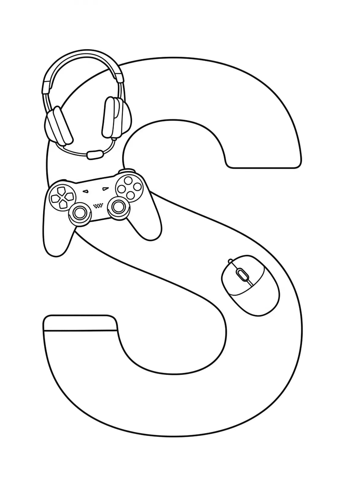 Gaming gear Letter S coloring page with controllers, headphones, and mouse outlines, easy for teens.