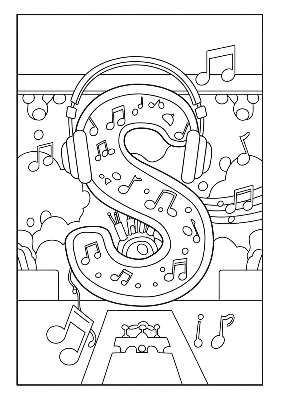Letter S coloring page with music festival elements like headphones, notes, and stage, easy for teens.