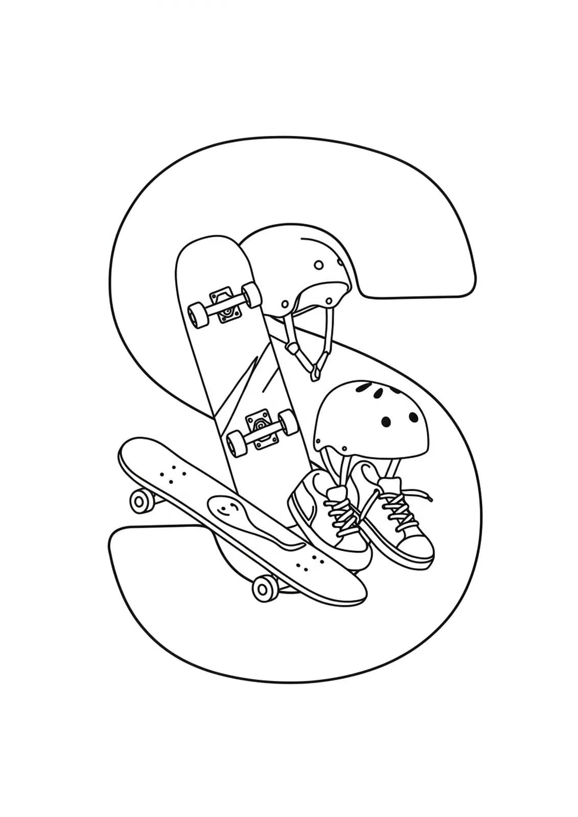 Skateboarding Letter S coloring page with skateboard, helmet, and sneakers outlines, easy for teens.