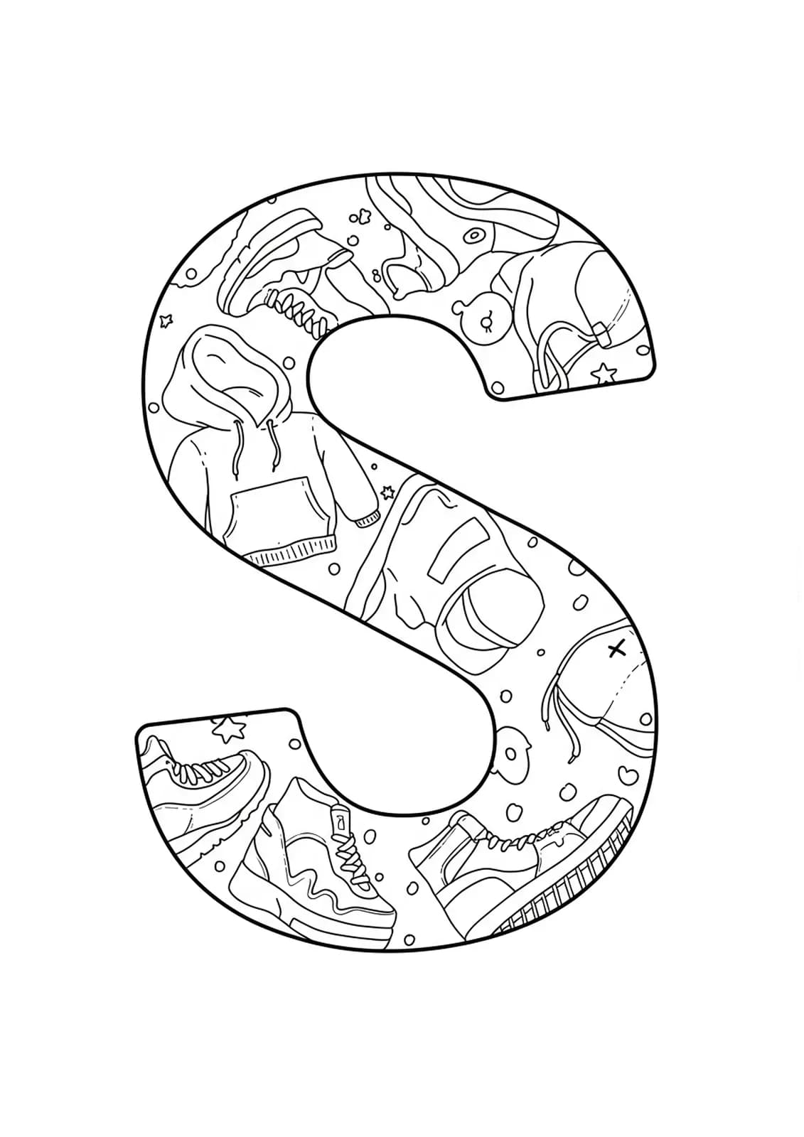 Streetwear fashion Letter S coloring page with sneakers, hoodies, and caps outlines, easy for teens.