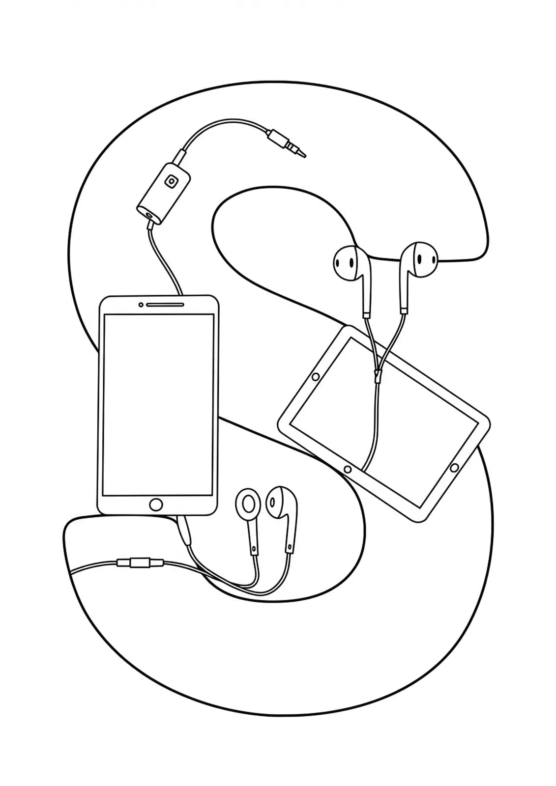 Tech themed Letter S coloring page with outlines of tablets, phones, and earbuds, easy for teens.