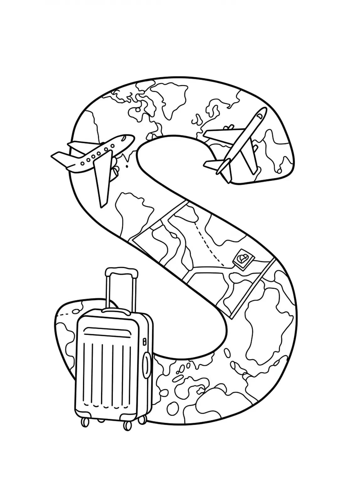 Travel themed Letter S coloring page with suitcase, airplane, and map outlines for teens.