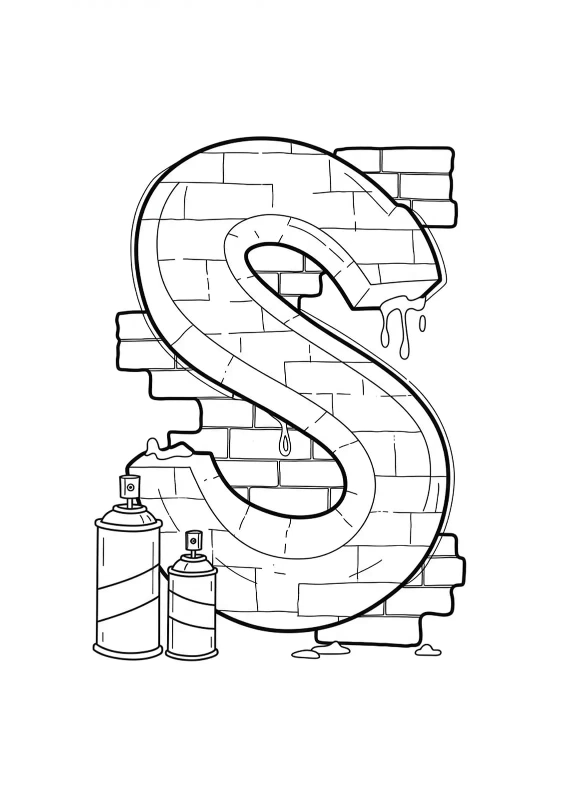 Easy urban graffiti style letter S coloring page for teens with spray cans and brick wall outlines.