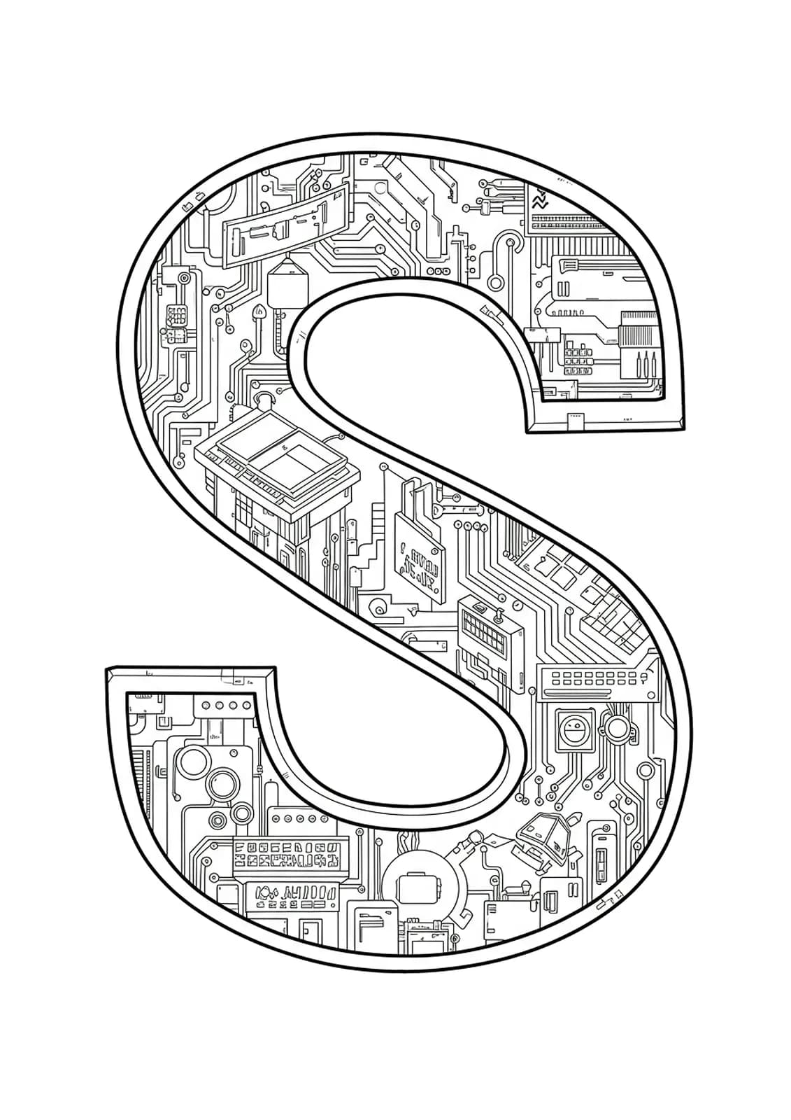 Futuristic cyberpunk city elements and circuitry inside the letter S.