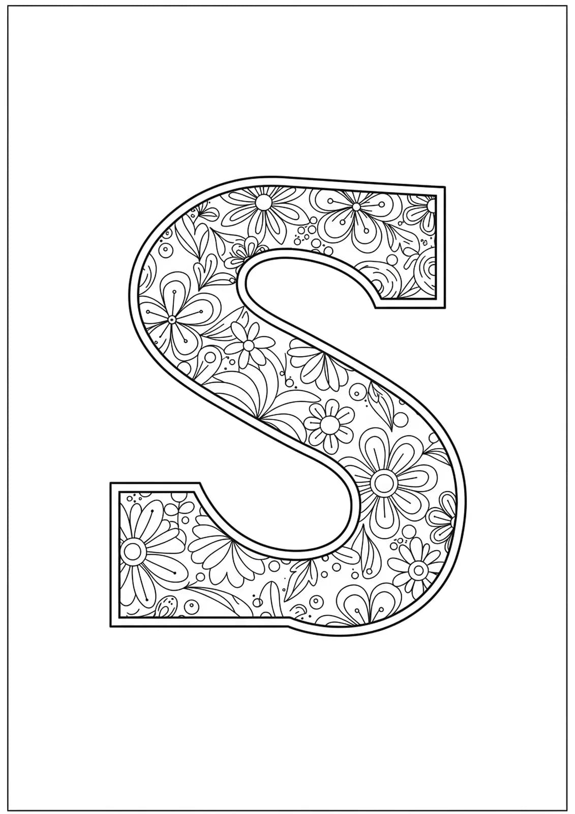 Large letter S intersected by geometric shapes with simple floral outlines, easy adult coloring page.