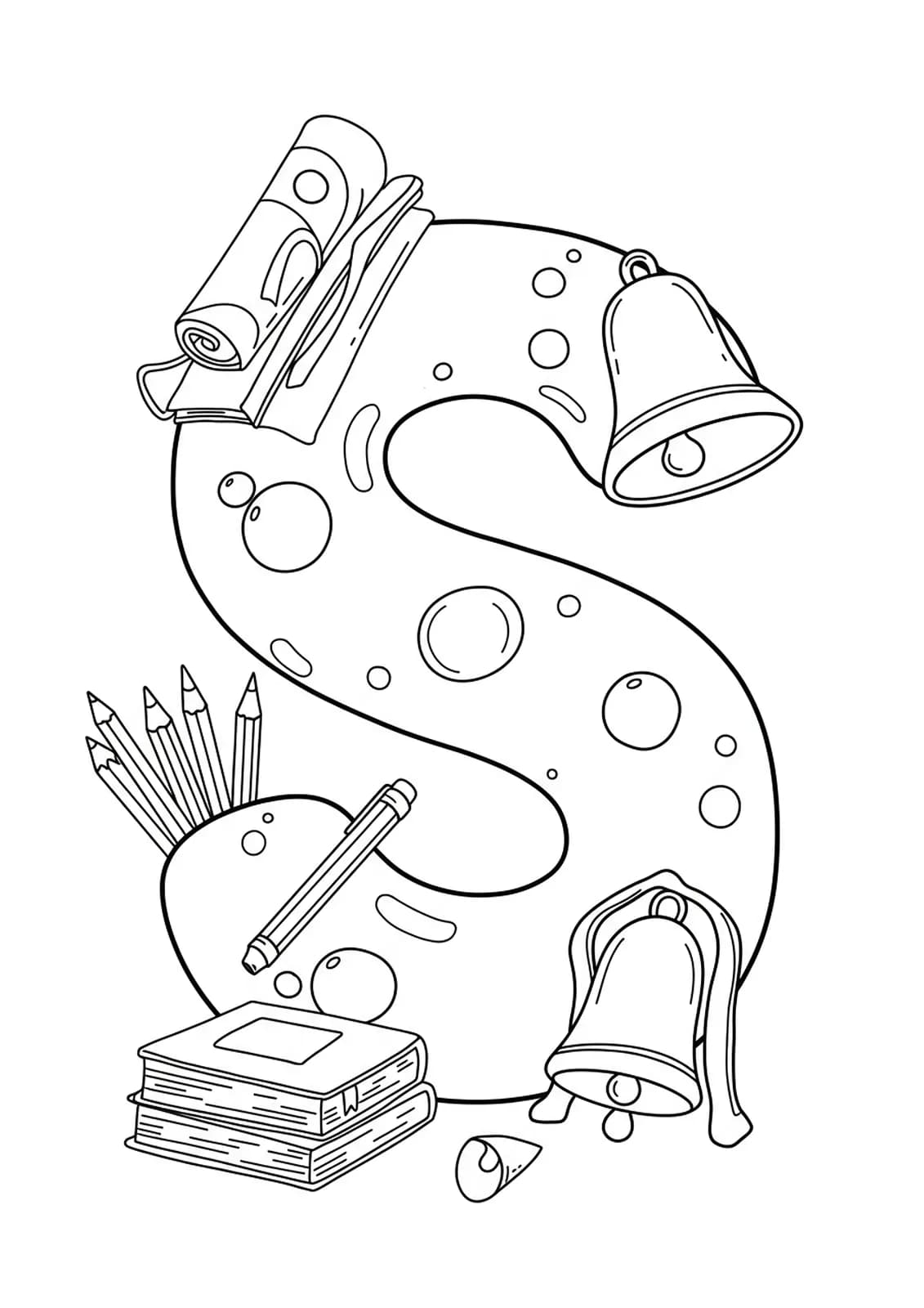 Large letter S with simple outlines of books, pencils, and a school bell around it.