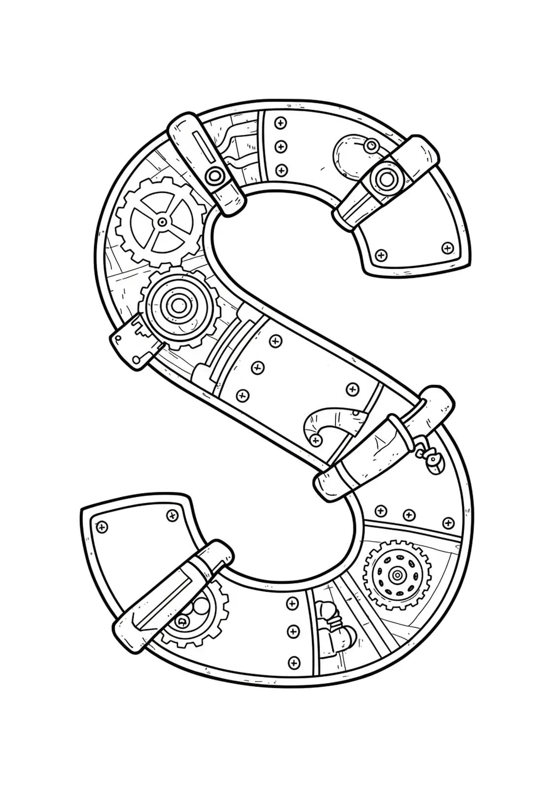 Letter S decorated with steampunk gears and pipes, black and white line art, medium complexity for adult coloring.