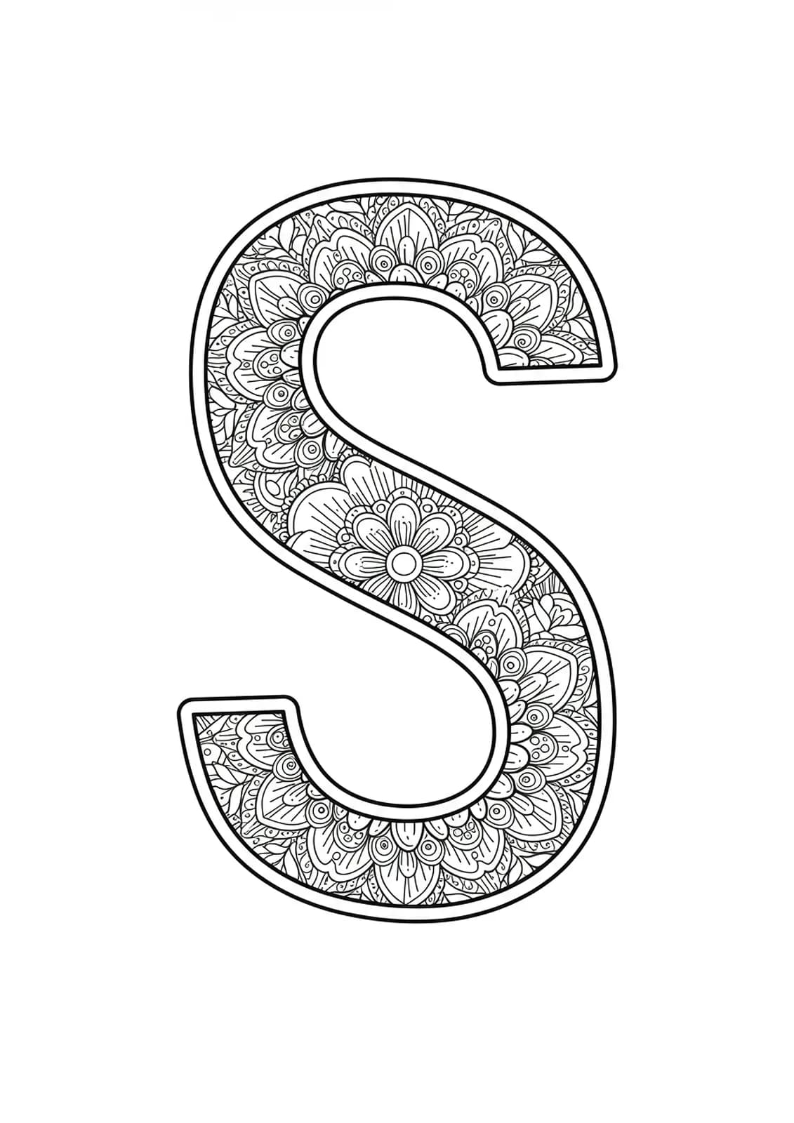 Simple coloring page with a large letter S surrounded by basic mandala flowers, easy for adults.