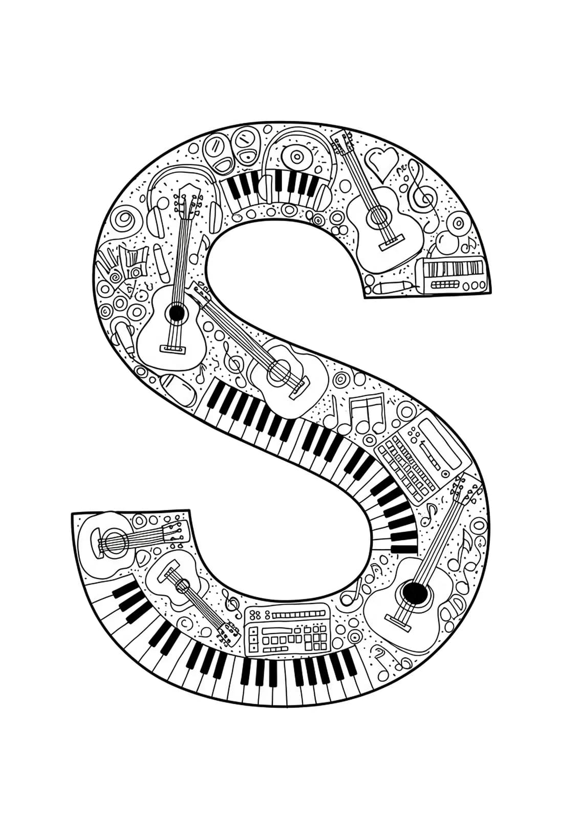 Letter S surrounded by detailed mandala made of musical instruments and notes.