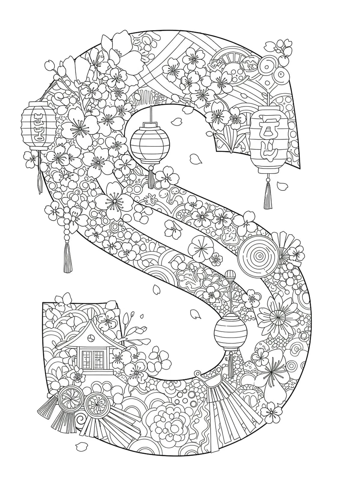 Letter S surrounded by sakura blossoms, lanterns, and Japanese festival elements for teens.