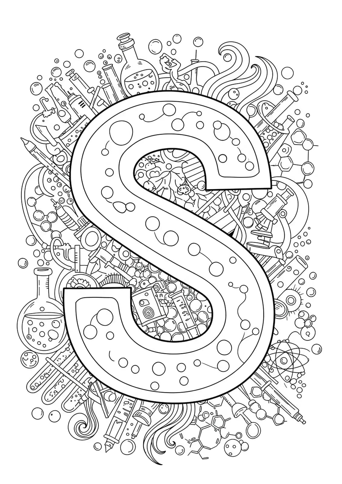 Science-themed letter S with detailed beakers, microscopes, and chemical swirls for hard coloring.