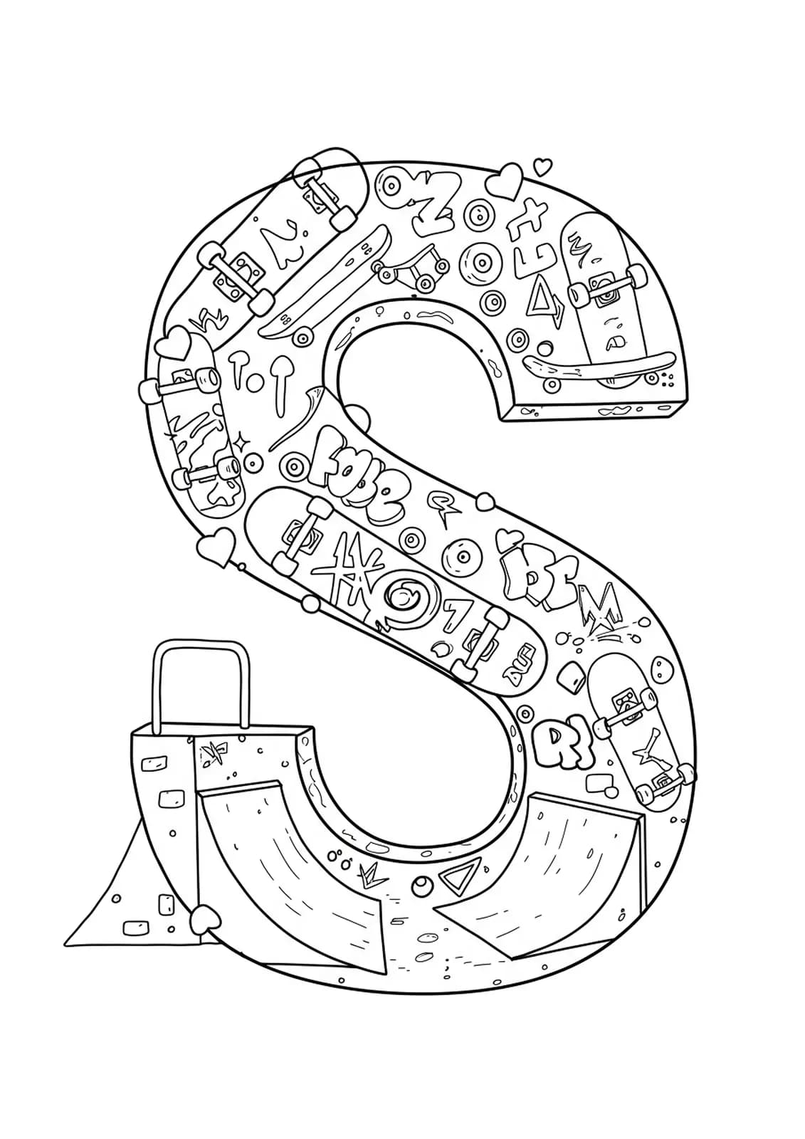 Letter S decorated with skateboards, wheels, and urban ramp motifs for a skateboarding teen coloring page.